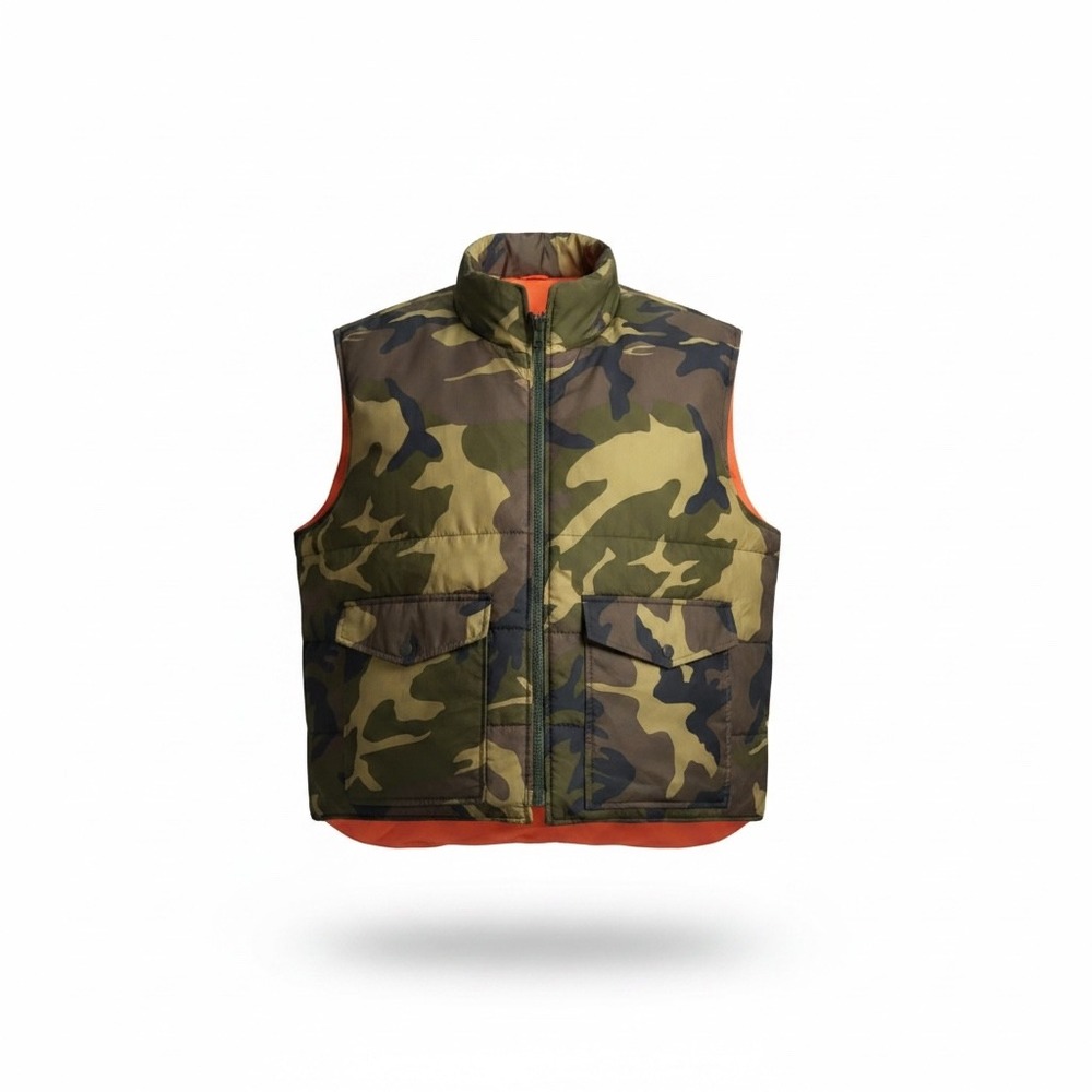 Vintage Reversible Camo Hunter Orange Puffer Vest Mens XL Woodland Camouflage